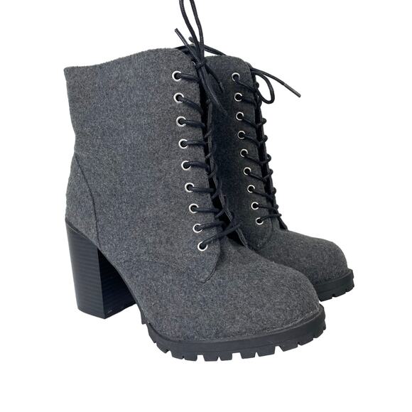 Lane Bryant Wool Blend Chunky Boots Lace Up Stacked Heel Gray Felt Boots Zip 9W - Picture 1 of 9
